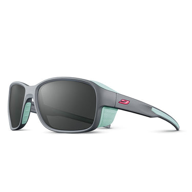 The Julbo Eyewear Monterosa 2.0 RX are gray and light blue sunglasses with black Spectron Rx polycarbonate lenses, a pink logo on the arm, and textured pads for added grip, designed for peak mountain performance. #color_dark-grey-/-green