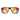 Julbo Eyewear Renegade Sunglasses Parts feature black rectangular frames and mirrored, multicolored replacement lenses in orange, yellow, blue, and red. Sleek, sturdy temple arms are displayed against a white background. #color_renegade-reactiv1-3-light-amplifier-lens-yellowred-flash