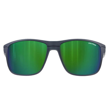 Front view of Julbo Eyewear sunglasses with black frames and reflective green SPECTRON3 lenses, compatible with Renegade Sunglasses Parts including replacement lenses and temple arms. #color_renegade-spectron-3-lens-green