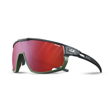 Julbo USA Rush Lenses & Parts sport sunglasses feature a black and green frame, red mirrored wraparound lens, single-piece nose pad, and durable temple arms inspired by Rush sunglasses, shown on a white background. #color_rush-front-frame-black-green