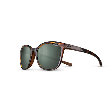 Julbo-usa Spark women’s sunglasses with tortoiseshell thick round frames and green photochromic lenses, shown on a white background. #color_tortoise-brown-with-spectron-3-polarized-lens
