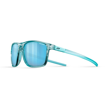 A pair of sport sunglasses with a translucent teal-blue frame and matching blue mirrored lenses, shown from a side profile on a white background. #color_translucent-blue-light-blue-with-spectron-3cf-lens