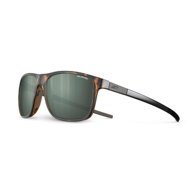The Julbo Eyewear "The Streets" sunglasses feature a rectangular brown and black frame, dark polarized lenses, and an ergonomic design for all-day comfort, displayed at an angle on a white background. #color_tortoise-brown-with-spectron-3-polarized-lens