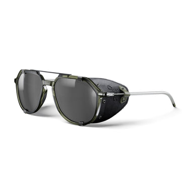 Aviator-style sunglasses with dark gray lenses, a translucent olive green acetate frame, and a silver metal temple arm, shown on a white background. #color_army-green-/-black