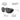 A pair of shield-style sunglasses with dark gray lenses and a translucent olive-green metal frame, shown on a white background with callout lines and text describing features such as removable leather side shields, nose grip, and adjustable slim temples. #color_black-/-white-/-black