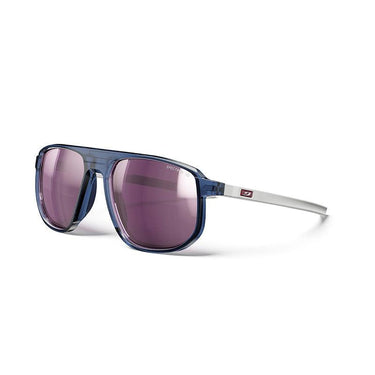 The Julbo Eyewear Ward sunglasses feature a blue retro frame, purple-tinted lenses, and silver arms, shown against a white background. #color_blue-white-with-spectron-3-polarized-hd-lens