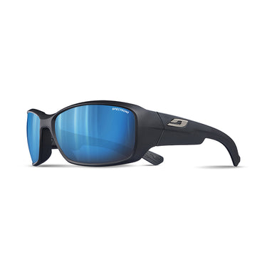 Julbo Eyewear Whoops sunglasses with bold frames and blue Spectron lenses, displayed on a white background. #color_black-/-matte-black-with-spectron-3-lens