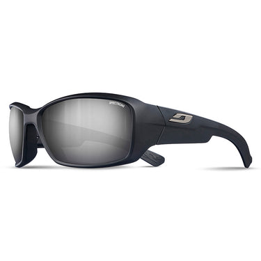 A pair of black Julbo Eyewear Whoops wraparound sunglasses with reflective Spectron lenses and a silver temple logo. #color_matte-black-with-spectron-3-lens