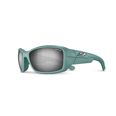 Light blue Julbo Eyewear Whoops sports sunglasses with thick frames, reflective Spectron lenses, and a small temple logo. #color_olive-green-/-black-with-spectron-4-lens