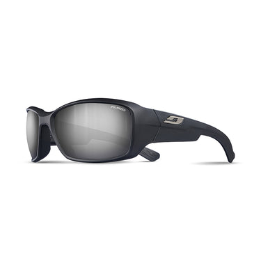 Julbo Eyewear Whoops sunglasses feature black wraparound frames with a thick matte finish and Spectron lenses, displayed in a side profile on a white background. #color_matte-black-with-spectron-3-polarized-lens