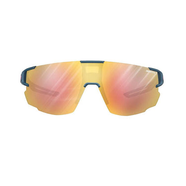 Front view of Julbo USA Aerospeed Lenses & Parts sport sunglasses with large, frameless yellow-orange reflective lenses, dark blue nose bridge and temple arms, plus comfortable nose pads for a secure fit. #color_aerospeed-reactiv-1-3-light-amplifier-lens-yellow-gold-flash