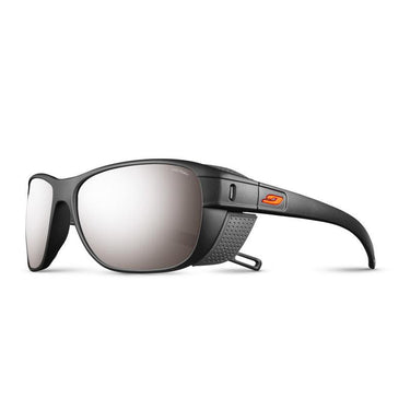 The Julbo-usa Camino features black wraparound frames with mirrored lenses, side shields, and an orange temple logo—perfect for trekking or outdoor adventures. #color_black-with-spectron-4-lens