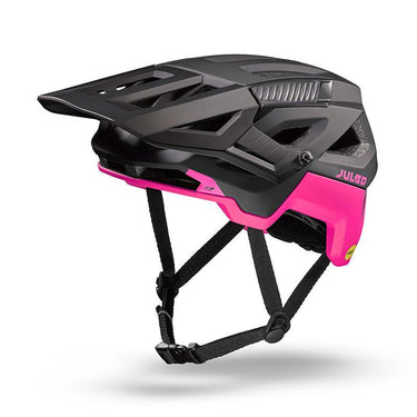 The Julbo USA Forest mountain bike helmet in black and pink features MIPS protection, adjustable straps, a visor, and ventilation openings, shown on a white background.