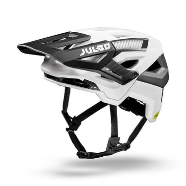The Forest Evo by Julbo USA is a white and black mountain bike helmet with a visor, adjustable straps, ventilation holes, and an eyewear compatible design, featuring the Julbo USA logo on the side.