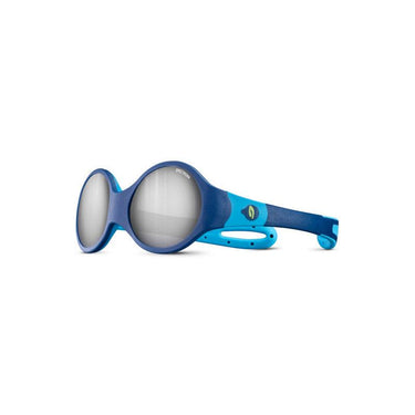 The Julbo-usa Loop M Kids sunglasses, in blue and dark blue with reflective Spectron 4 lenses, are designed for children and displayed against a white background. #color_dark-blue-blue-turquoise-with-spectron-4-lens