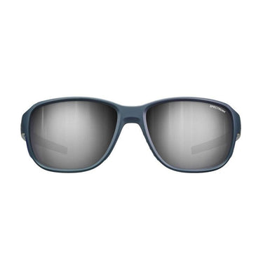 Front view of Julbo USA Montebianco 2 Lenses & Parts blue-framed sunglasses with reflective silver-tinted lenses and sturdy temple arms on a white background. #color_montebianco-2-0-spectron-4-lens-brown-silver-flash
