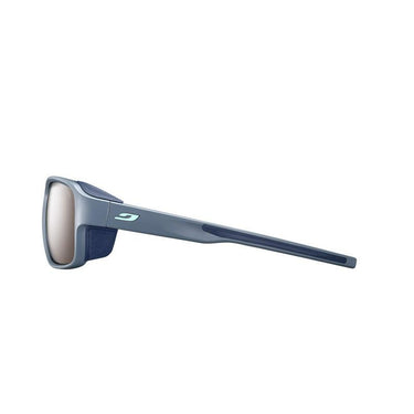Side view of Monterosa 2 sunglasses from Julbo USA, with thick blue frames, straight arms, and a small light blue logo on the temple. Monterosa 2 Lenses & Parts are available for easy maintenance. #color_monterosa-2-0-temple-arms-pair-blue-blue