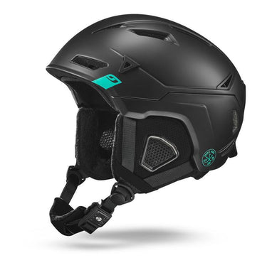 Julbo-usa THE Peak TwICEme ski helmet in matte black with green accents features twICEme safety tech, adjustable chin strap, and ventilation openings. Displayed on a white background. #color_black