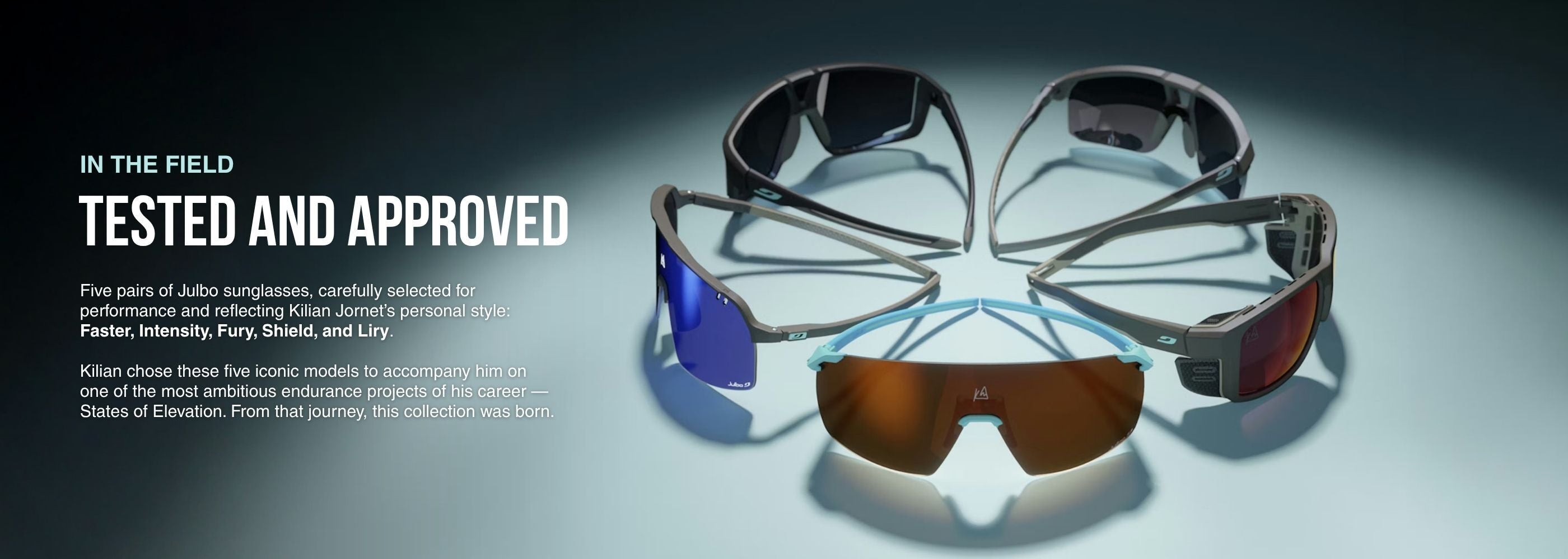 Five pairs of Julbo sunglasses are arranged in a semicircle on a flat surface, with text describing their selection for Kilian Jornet’s endurance projects.
