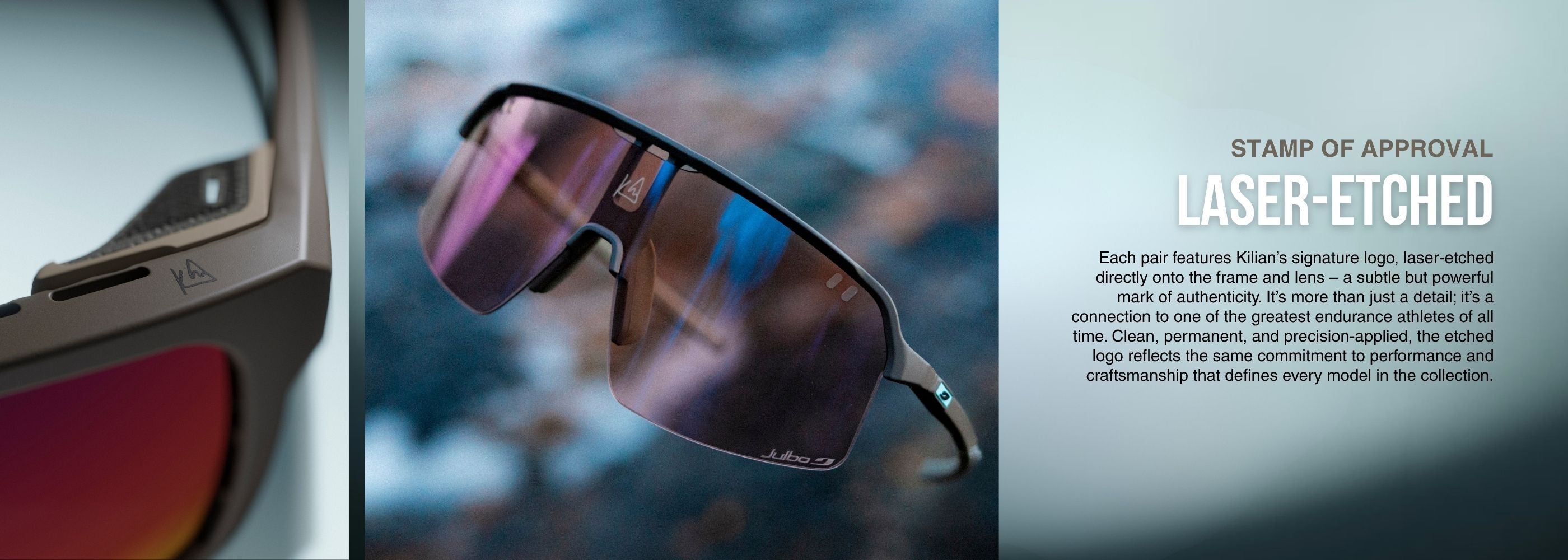 Close-up of sport sunglasses showing laser-etched logo on the lens, with descriptive text about the durability and significance of the etching.