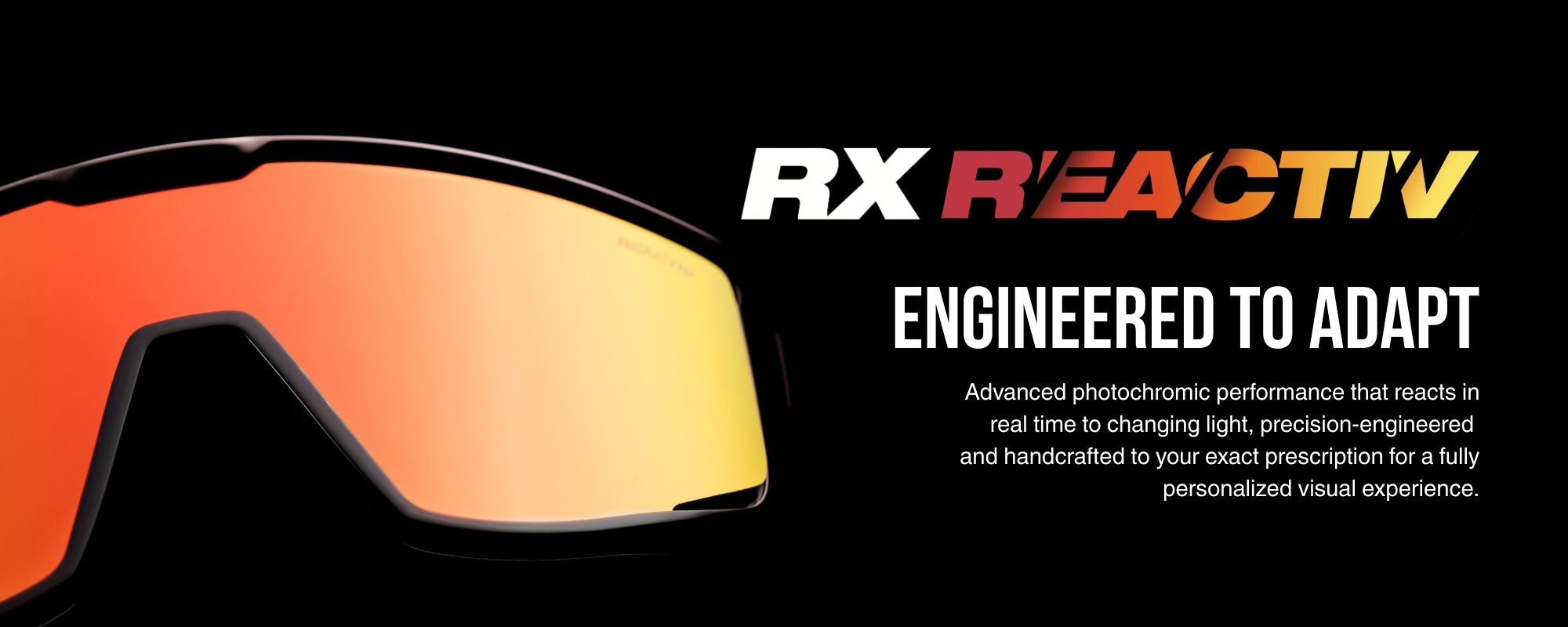 Close-up of sports sunglasses with orange-tinted lenses, accompanied by text promoting RX REACTIV photochromic, adaptive eyewear technology.
