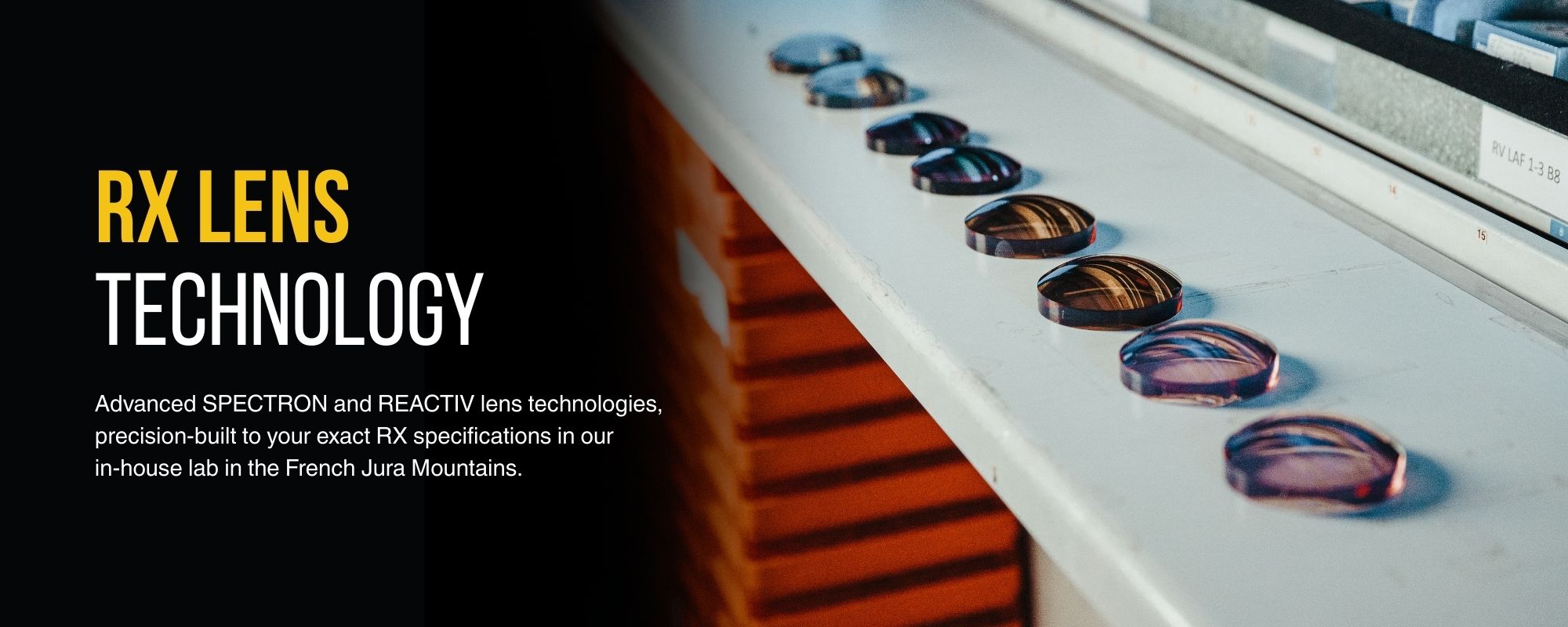 A row of optical lenses is displayed on a white surface next to a machine, with text describing RX lens technology and lab location.