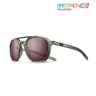 Julbo Eyewear's Slack sunglasses feature a gray double-bridge frame and red polarized lenses, displayed on a white background. SPECTRON HD POLARIZED branding is visible in the top right corner. #color_translucent-army-/-black-with-polar-3-hd-lens