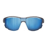 Front view of Julbo Eyewear Aero Sunglasses Parts, showcasing blue mirrored lenses, a semi-rimless black frame with Temple Arms, and "SPECTRON3" on the top right corner of the right lens. #color_aero-spectron-3-lens-smoke-multilayer-blue
