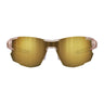 Front view of Julbo Eyewear Aerolite Sunglasses Parts featuring gold mirrored wraparound lenses, semi-rimless translucent frames, and sleek temple arms designed for enhanced comfort. #color_aerolite-spectron-3-lens-brown-multilayer-orange-color