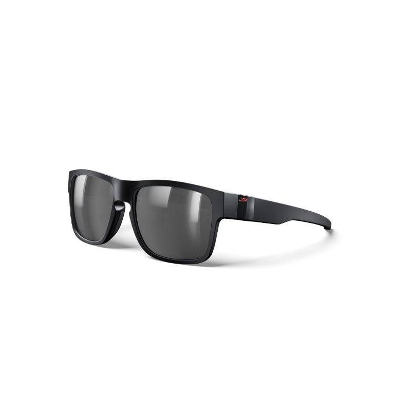Black square sunglasses with dark gray lenses and a small red logo accent on the temple arm, shown on a clean white background. #color_matte -black-/-red