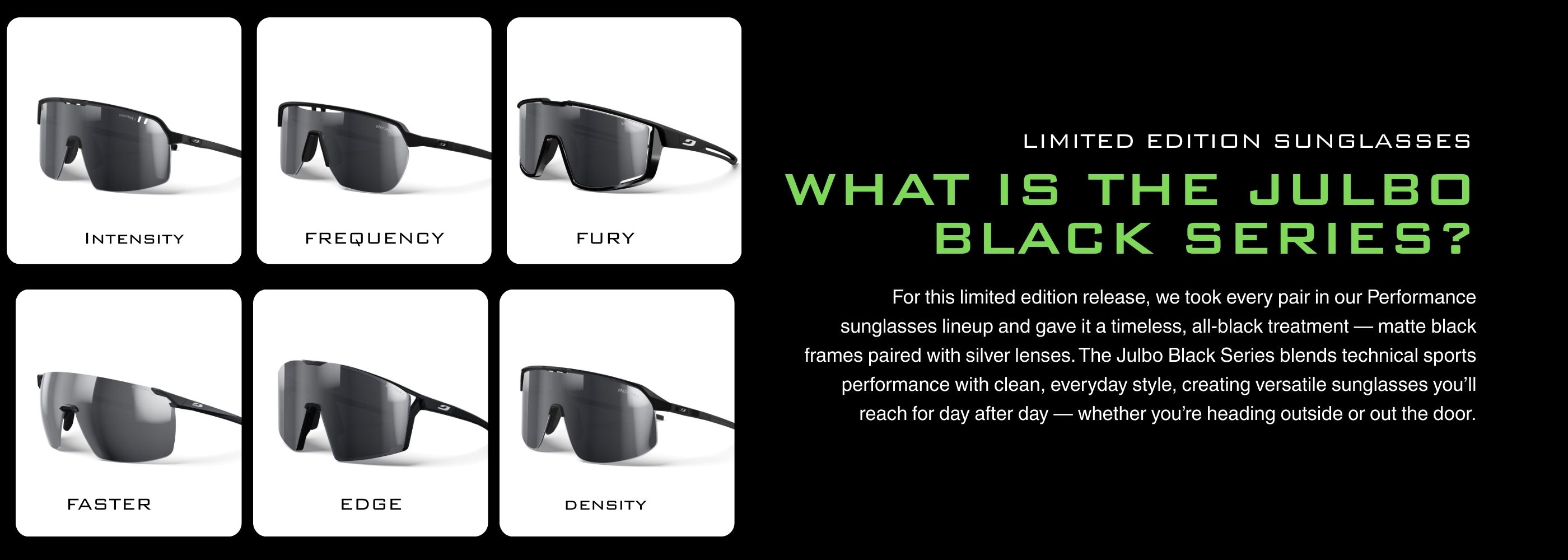 Display of six styles of black limited edition Julbo Black Series sunglasses, each with a distinct name and design, set against a white and black background with product description text.
