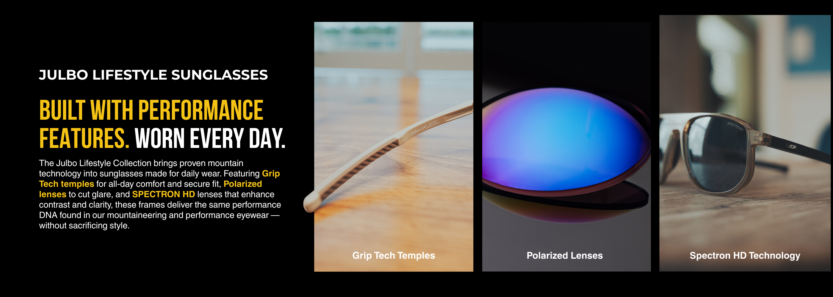 Header  calling out the features of Julbo's lifestyle sunglasses as well as highlighting that for January 2026 you can get a free metal coffee mug with the purchase of any lifestyle sunglasses.