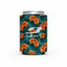 The Julbo Eyewear Can Coolers feature an orange hibiscus and green leaf design with a white Julbo logo, perfect for keeping your summer drinks chilled. Displayed on a plain white background. #color_julbo-can-cooler-hawaiian