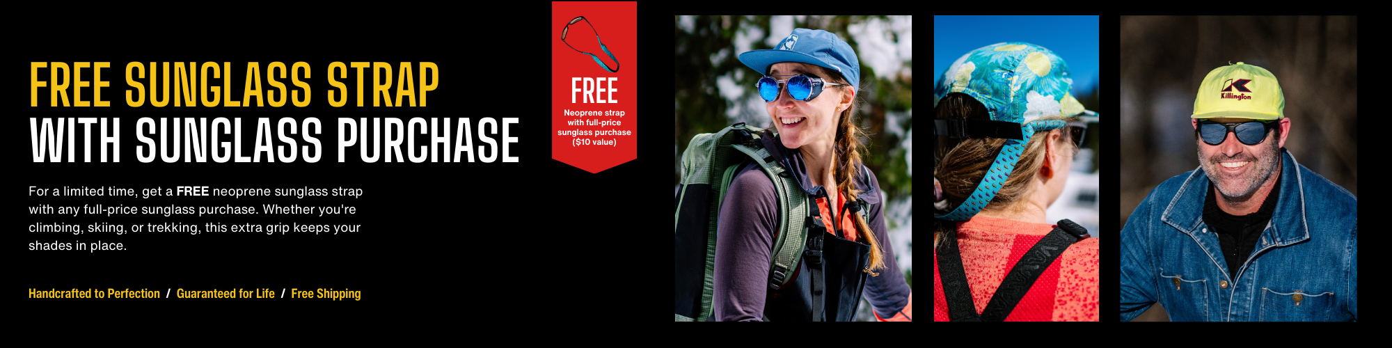 Header advertising a free sunglass strap with sunglass purchase and showing a woman backcountry skiing in the legacy sunglasses and a woman using the Julbo Neoprene sunglass cord