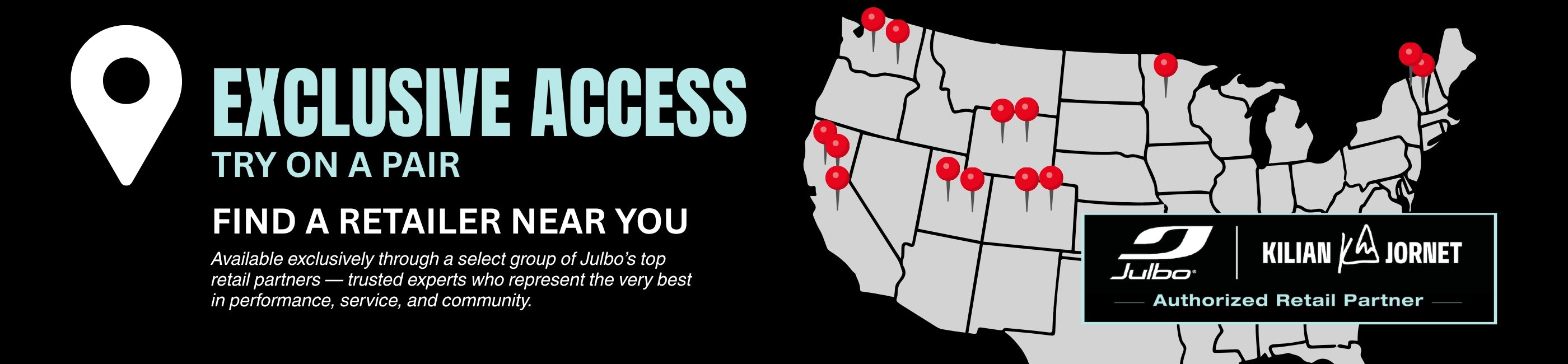 Map of the US with red location pins marking retail partners, next to text promoting exclusive access to Julbo products and a “Find a retailer near you” message.