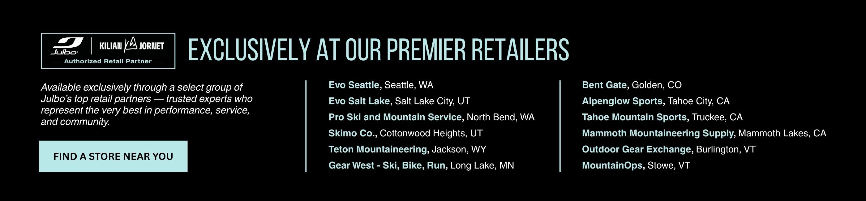 List of Julbo premier retailers in the US, including locations in WA, UT, OR, WY, NY, CO, CA, and VT, with a Find a Store Near You button on the left.
