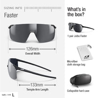 Julbo Eyewear Faster sports sunglasses (Size L): 126mm width, 133mm temple arms. Includes 1 pair, microfiber pouch, and collapsible hard case—ideal for running or cycling. #color_matte-translucent-black-with-reactiv-1-3-light-amplifier-lens