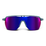 Sunglasses with blue and purple reflective lenses on a white background