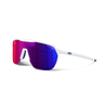 Julbo Eyewear Frequency running sunglasses have a lightweight white frame, shield-style lens with a pink-blue gradient, and blue temple detailing, giving them a sporty, modern look. #color_white-blue-with-spectron-3-hd-lens