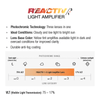 Chart explains Liry REACTIV photochromic lenses by Julbo Eyewear: yellow tint, anti-fog, adjustable nose fit, suitable for cloudy to bright sun (VLT 75%-17%). Visual scale shows lens category and conditions for performance sunglasses. #color_matte_brown_with_reactiv_1_3_light_amplifier_lens