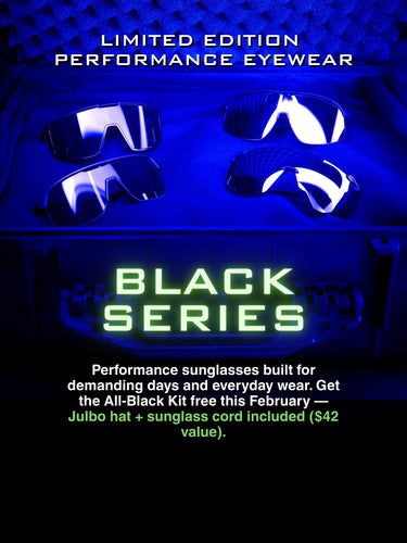 Three pairs of black performance sunglasses in a case under blue light, promoting a limited edition Black Series with bonus hat and sunglass cord.