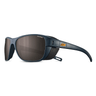 The Julbo-usa Camino sunglasses are dark blue, polarized, with side shields and an orange arm logo—ideal for trekking and shown on a white background. #color_matte-dark-blue-black-with-spectron-3-polarized-lens