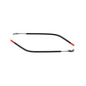 Two black, curved metal rods with red tips and hinge attachments from Julbo Eyewear—Legacy Parts—are laid parallel on a white background, perfect as replacement parts for your Legacy sunglasses. #color_legacy-temples-pair-black-red-brown