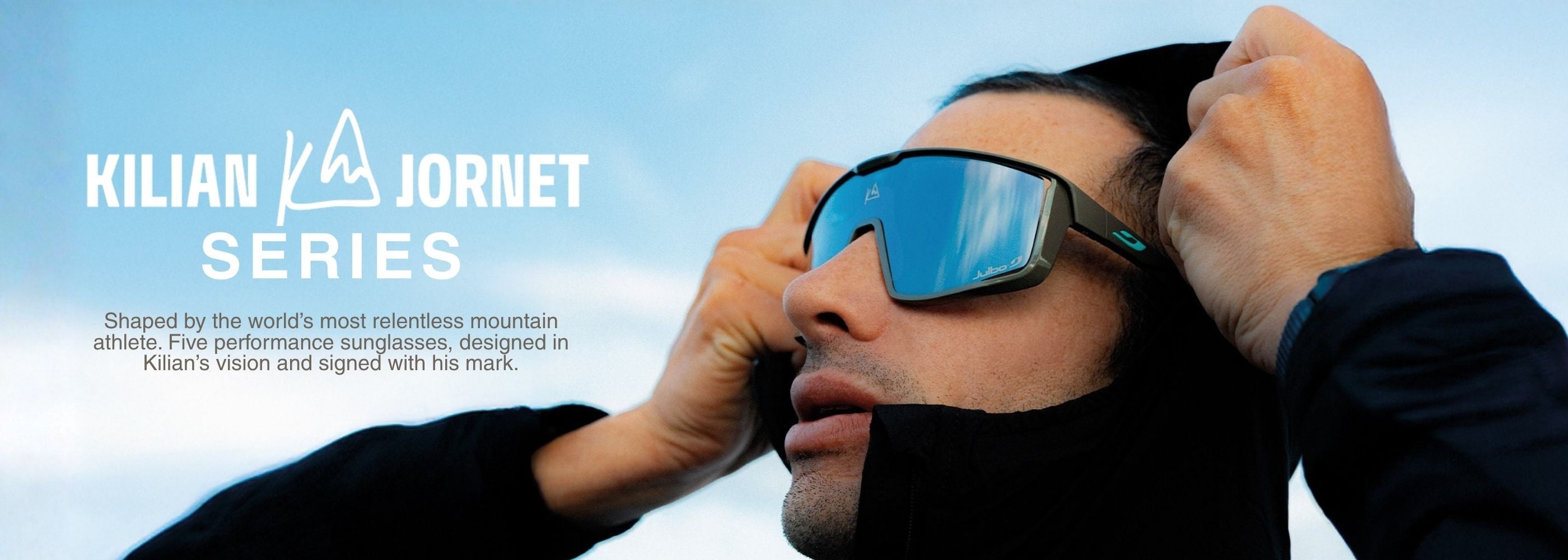 A person wearing sunglasses and a jacket adjusts their hood, with text promoting the Kilian Jornet Series performance sunglasses on the left side of the image.