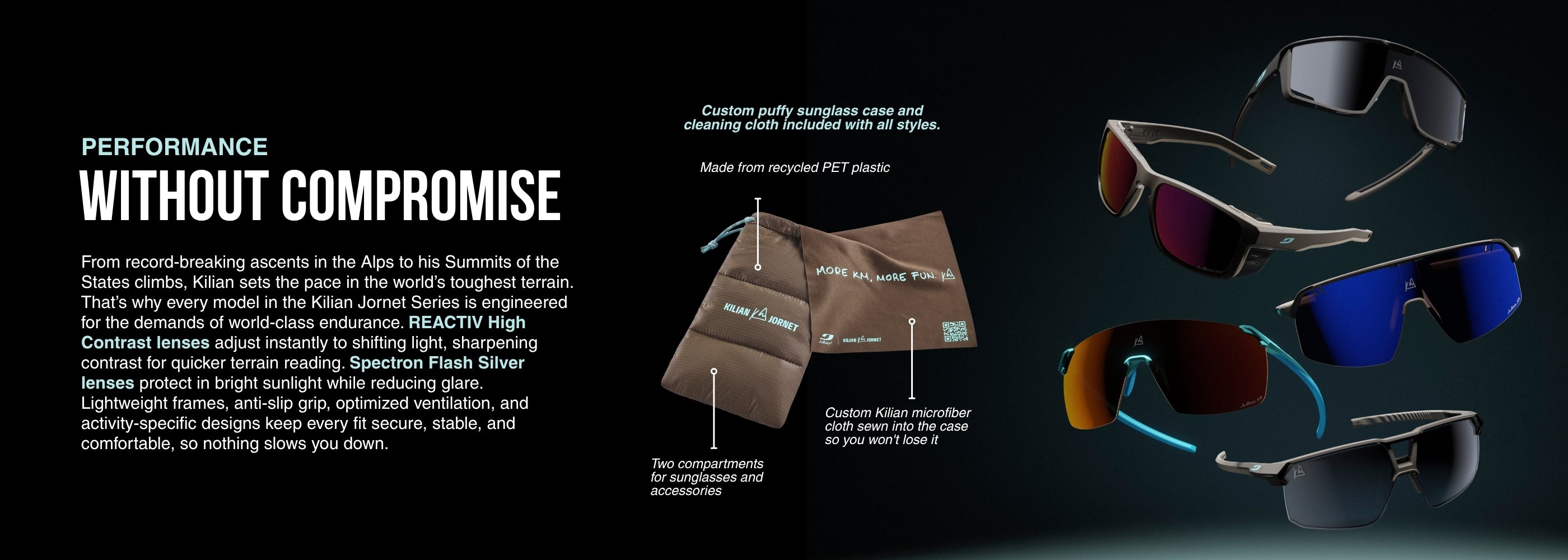 Image of the five sunglasses included in the Kilian Jornet series floating in the air, along with the puffy sunglass case that is included with them. The copy highlights that the sunglasses in these series all come with different lenses as well as different features.