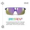 The Julbo Eyewear Liry sunglasses in purple and gold feature adjustable nose fit, Spectron 3 lenses (13% VLT), and block 87% of visible light, offering 100% UVA/B/C protection—perfect for harsh sun and bright conditions. #color_matte_purple_translucent_purple_with_spectron_3_lens