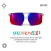 Julbo Eyewear’s Liry sunglasses feature red mirrored lenses and a white frame, offer 100% UVA/B/C protection, 15% VLT, block 85% of visible light, provide adjustable nose fit, and deliver high-performance eye protection. #color_light_gray_shiny_gray_with_spectron_3_hd_lens