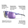 Sunglasses with features highlighted on a white background. #color_matte-purple-/-translucent-purple-with-spectron-3-lens