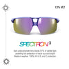 Spectron 3 shield-style sunglasses with a translucent purple frame and mirrored lenses showing purple, pink, and gold tones. The image includes marketing text and sun icons on a white background. #color_matte-purple-/-translucent-purple-with-spectron-3-lens