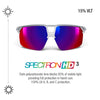 White sports sunglasses with large mirrored lenses showing red, purple, and blue reflections, shown on a white background with text reading '15% VLT' and 'SPECTRON HD 3'. #color_light-gray-/-shiny-/-gray-with-spectron-3-hd-lens